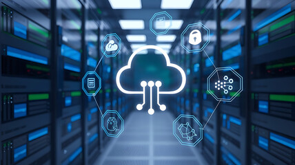 digital disaster recovery system in a futuristic server room, backup, data recovery plan, cloud backup concept.