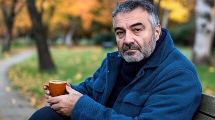 Fototapeta premium Middle-aged man with slight tremor holding cup of coffee on park bench, symbolizing struggle with Parkinson's disease, calm natural setting.