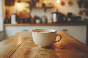 Fototapeta premium comfort food home setting, creamy soup in a vintage bowl on a wooden table in a warmly lit kitchen, creating a cozy atmosphere