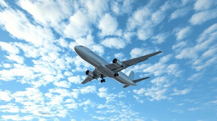 Fototapeta premium Airplane flying in a blue sky with white clouds.