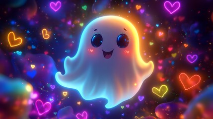 Fototapeta premium Cute Ghost with Neon Hearts 3D Cartoon Illustration