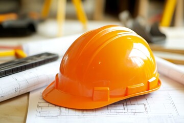 Bright Orange Hard Hat on Construction Blueprints in Workspace