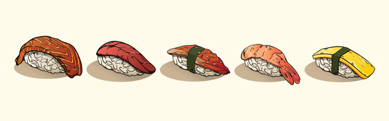 Types of Nigiri in retro vintage illustration vector
