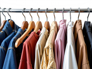 Clothes rack displaying colorful clothing items on wooden hangers