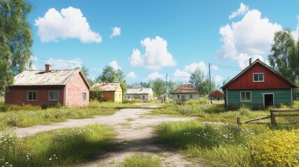 Obraz premium Serene Countryside Scene with Charming Houses and Sky