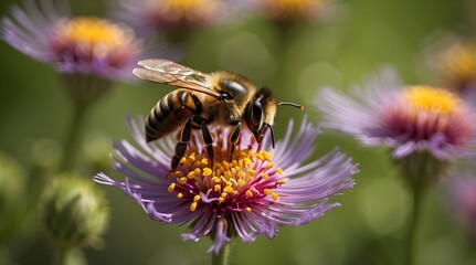 Fototapeta premium Bee Pollinating a Purple Flower