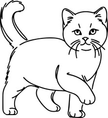 Black Line Art Style Small Pet Cat Cutie and Stand Pose Hand Drawn Illustration