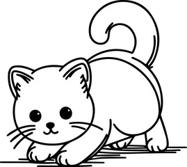 Black Line Art Style Small Pet Cat Cutie and Crawl Pose Hand Drawn Illustration