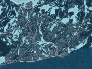 Painterly Style City Map of Hastings, the United Kingdom in a Blue Color Scheme.