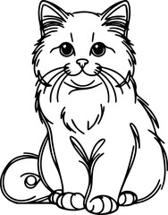 Black Line Art Style Small Pet Cat Cutie and Sitting Pose Hand Drawn Illustration