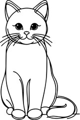 Black Line Art Style Small Pet Cat Cutie and Sitting Pose Hand Drawn Illustration