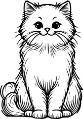 Black Line Art Style Small Pet Cat Cutie and Sitting Pose Hand Drawn Illustration
