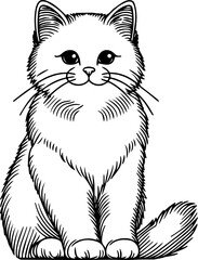 Black Line Art Style Small Pet Cat Cutie and Sitting Pose Hand Drawn Illustration