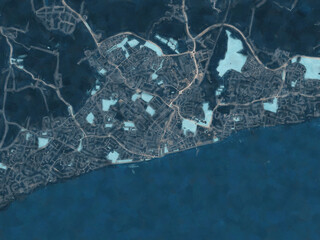 Painterly Style City Map of Bognor Regis, the United Kingdom in a Blue Color Scheme.