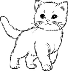 Black Line Art Style Small Pet Cat Cutie and Stand Pose Hand Drawn Illustration