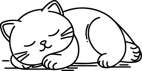 Black Line Art Style Small Pet Cat Cutie and Sleeping Pose Hand Drawn Illustration