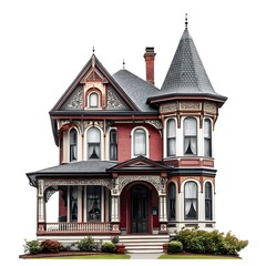 Ornate Victorian Style House with Tall Windows and Steep Gabled Roof Showcasing Historic Architectural Charm on Isolated White Background