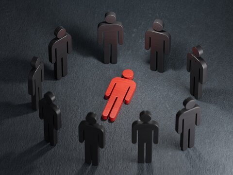 3D illustration of Wooden doll.Hostile work environment. A Circle of Wooden figures. Harassment.3D rendering on black background.
