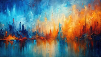 Abstract modern art oil painting in blue and orange colors with a panoramic composition