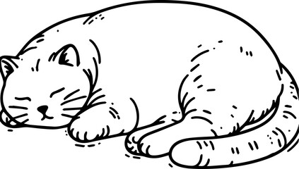 Black Line Art Style Small Pet Cat Cutie and Sleeping Pose Hand Drawn Illustration