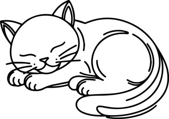 Black Line Art Style Small Pet Cat Cutie and Sleeping Pose Hand Drawn Illustration