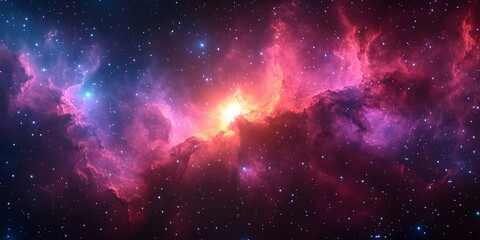 Naklejka premium A vibrant cosmic nebula showcasing swirling pink and purple hues, illuminated by a radiant star at its center, creating a mesmerizing celestial scene.