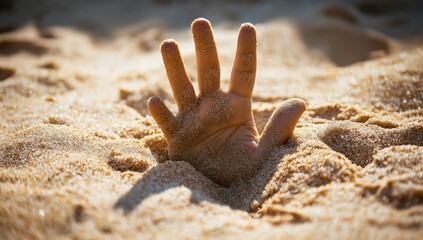 Close-up of a hand sticking out from under sand, symbolizing a call for help or that someone is stuck in quicksand