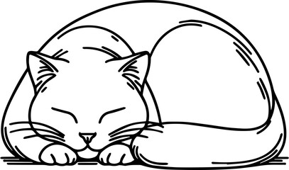 Black Line Art Style Small Pet Cat Cutie and Sleeping Pose Hand Drawn Illustration
