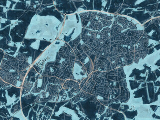 Painterly Style City Map of Horsham, the United Kingdom in a Blue Color Scheme.