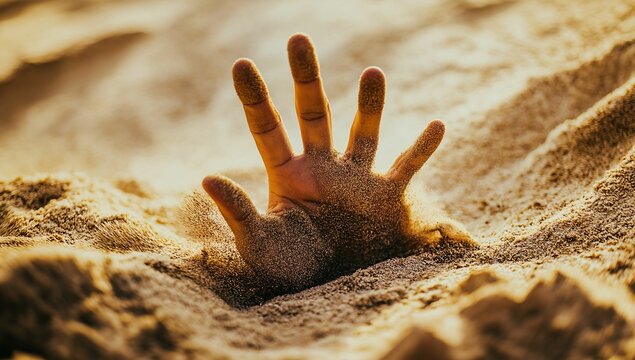 Close-up of a hand sticking out from under sand, symbolizing a call for help or that someone is stuck in quicksand