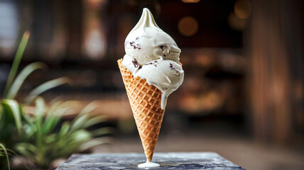 Naklejka premium Delicious waffle cone filled with creamy vanilla ice cream on a dark stone background, creating a mouthwatering contrast perfect for food photography and dessert presentations. 