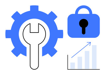 A large blue gear combined with a wrench, a padlock, and an upward-trending bar chart with an arrow. Ideal for security, maintenance, growth, business, and technology themes. Flat vector style