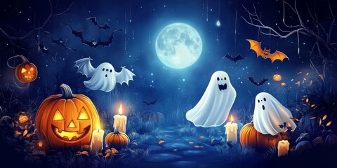 A spooky Halloween design with a dark blue background. It features pumpkins, ghosts, bats, candles, and a moon. Perfect for a banner or card!