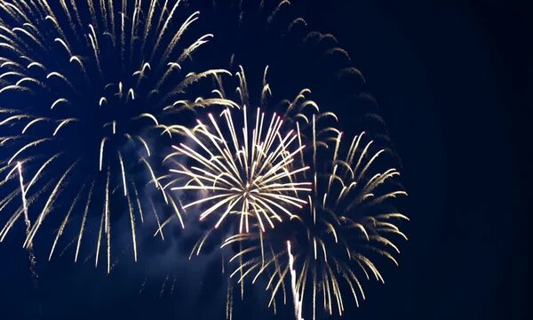 2025 New Year's Eve Party video. Colorful fireworks dark blue bokeh background video. Copy paste area for text