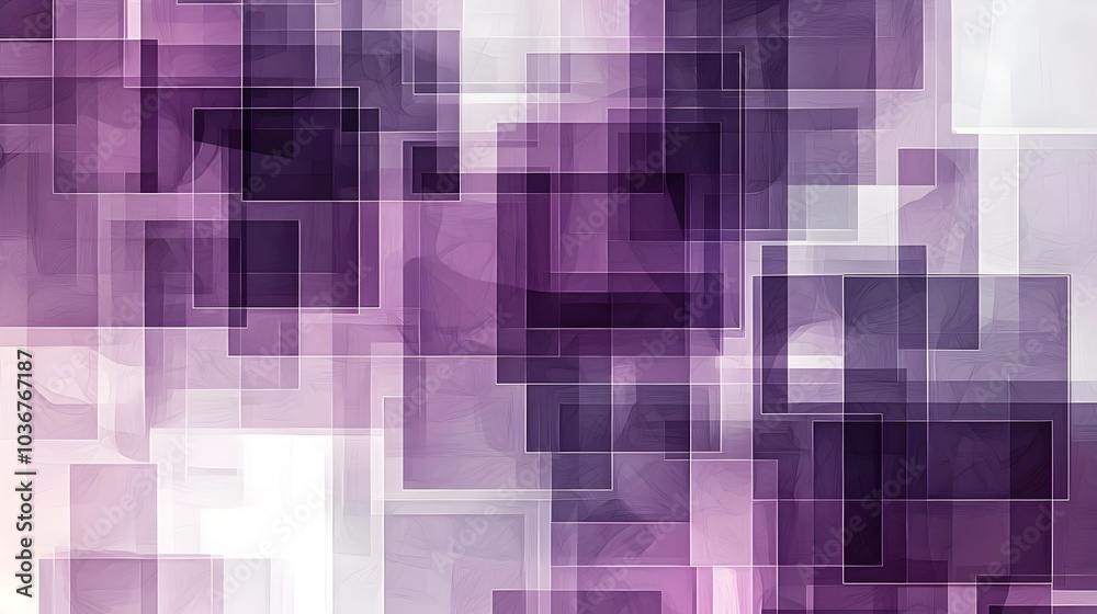 Poster overlapping translucent purple squares digital pattern with layered dimensional effect