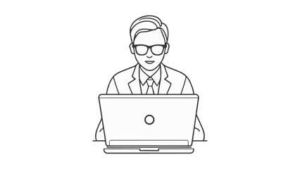 serious person working with laptop outline vector illustration