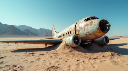 An abandoned airplane in a desert—an old, rusty airplane with faded paint lying abandoned in the middle of the vast sandy landscape, surrounded by dry shrubs and the endless blue sky.