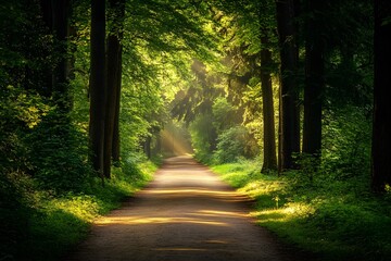 Fototapeta premium Sunbeams Illuminating a Forest Path