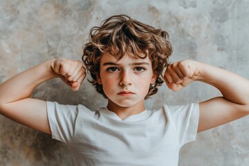 Naklejka premium Portrait of a Young Boy Showing Biceps Against Textured Background