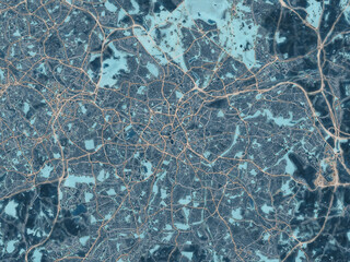 Painterly Style City Map of Birmingham, the United Kingdom in a Blue Color Scheme.