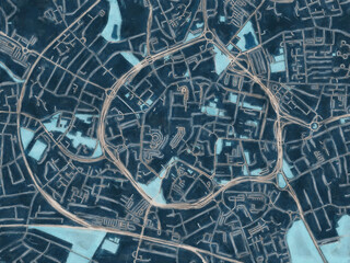 Painterly Style City Map of Coventry Center, the United Kingdom in a Blue Color Scheme.