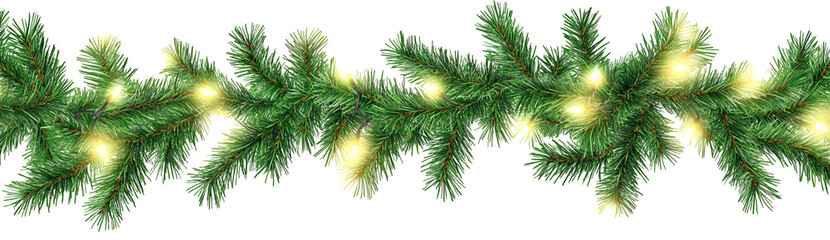 Fototapeta premium Christmas garland of green fir branches with glowing lights on a white background