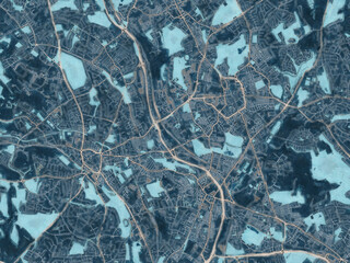 Painterly Style City Map of Stoke-on-Trent, the United Kingdom in a Blue Color Scheme.