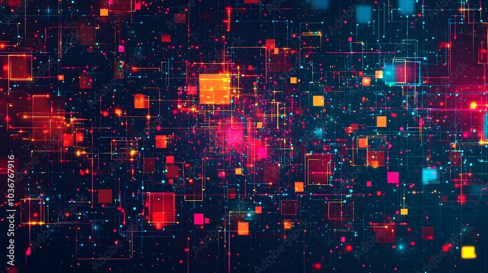 Sticker mesmerizing digital pattern with fragmented shapes and vibrant neon colors on a dark background
