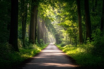 Obraz premium Sunbeams Illuminating a Path Through a Lush Green Forest