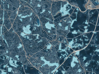 Painterly Style City Map of Solihull, the United Kingdom in a Blue Color Scheme.