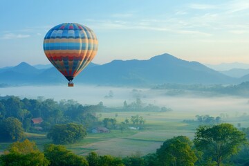 Naklejka premium Vibrant Hot Air Balloon Journey Over Serene Misty Valley at Dawn