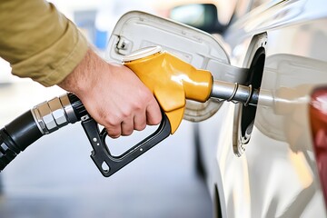 A Person Filling a Car's Gas Tank with a Yellow Nozzle