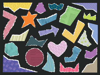 Ripped color paper. Scrapbooking torn craft paper pieces with patterns and textures, zine collage shapes. Vintage scrapbook elements isolated vector set.