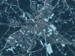 Painterly Style City Map of Rugby, the United Kingdom in a Blue Color Scheme.